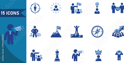 Business icons, corporate symbols, 15 vector graphics, office signs, management logos