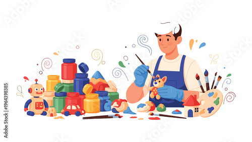 Artisan's Workshop: A dedicated artisan meticulously paints a toy, surrounded by tools and vibrant colors, creating a world of imagination and craftsmanship.