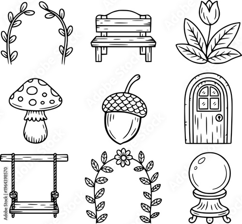 Whimsical hand drawn garden including a mushroom acorn bench swing door and crystal ball