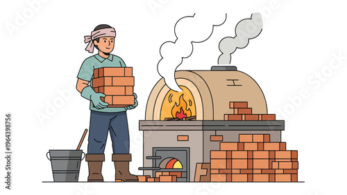 Brick Production Scene: An industrious worker, armed with a bundle of bricks, stands beside a blazing brick kiln. He is ready to facilitate the final step in brick production