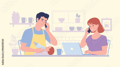 Parents multitasking work life home office illustration