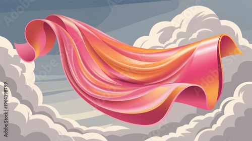 Flowing pink and orange fabric against a cloudy sky background, the cloth textile is draped