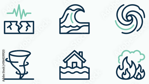 Environmental Catastrophe Icons. Vector illustrations of natural disasters including earthquake, tsunami, hurricane, tornado, flood, and wildfire.