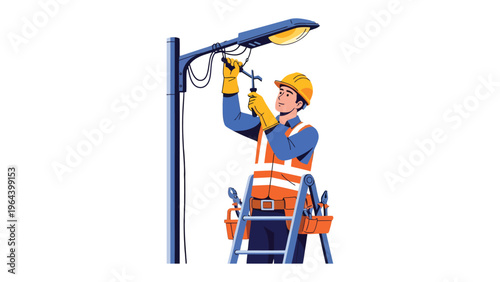 Electrician Fixing Street Lamp: An electrician meticulously repairs a street lamp, showcasing technical skill and dedication to maintaining urban infrastructure.