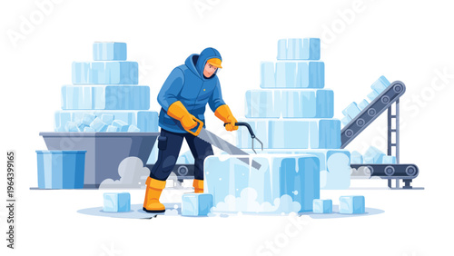 Ice Harvester at Work: An ice harvester carefully wields tools, shaping blocks of ice with precision. The scene depicts the art of ice harvesting, the man stands amidst a wintry display.