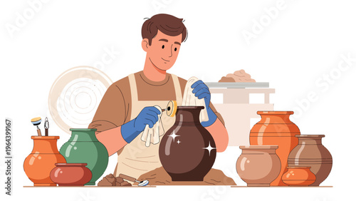 Artisan's Artistic Touch: A skilled artisan, enveloped in the creative process, meticulously polishes a handcrafted ceramic vase within a pottery studio.