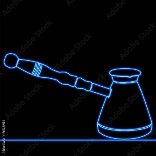 Traditional cezve for brewing Turkish coffee on wooden surface icon neon glow vector illustration concept