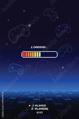 LOADING. pixel art 8 bit. Retro Futurism Sci-Fi Background. glowing neon grid and star from vintage arcade computer game. vertical background.