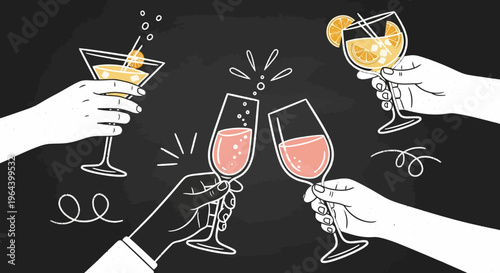 Hands holding cocktail glasses together.