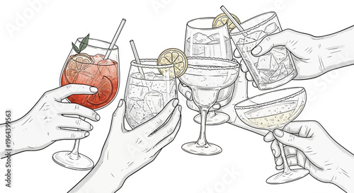 Hands holding colorful cocktail glasses.