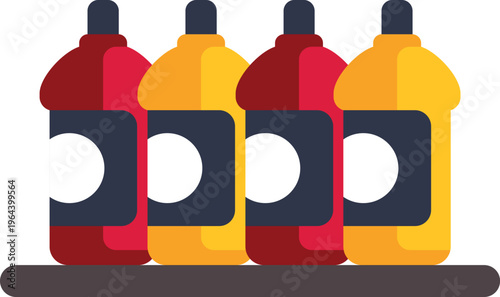 Red and yellow squeeze bottles of sauce on a shelf