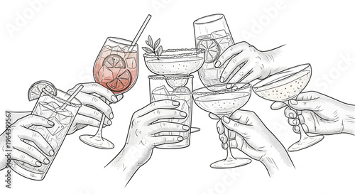 Hands holding various cocktail glasses.