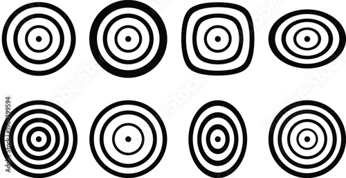 Eight Black Silhouette Concentric Circle and Oval Target Icons concentric circles