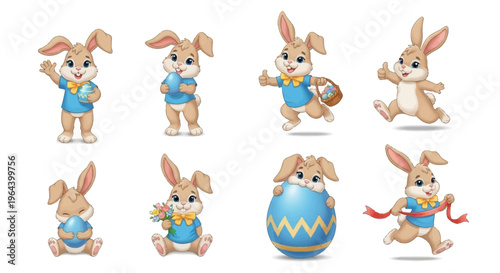 A set of cute kawaii Easter bunny mascot characters in various poses, including waving, holding eggs, and jumping, against a clean white background