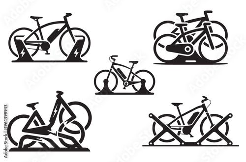 Collection of electric bicycle icons showing charging stations and different models of e-bikes for sustainable urban transportation and eco-friendly commuting on city streets