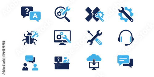Technical support and customer service icons for web and software development interface