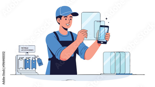 Technician's Showcase: A skilled technician, adorned in a cap, holds a mobile phone alongside tablet screen protectors, highlighting the range of available accessories in his workshop.