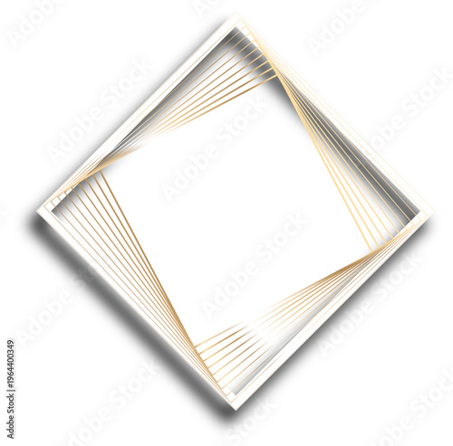 白背景に浮かぶゴールドラインの重なりが美しい立体的なスクエアフレーム、影と遠近感が際立つミニマル高級デザイン素材