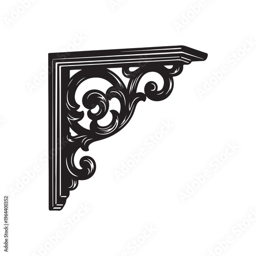 Ornate black decorative bracket vintage scrollwork support for shelves or architectural elements isolated on white background