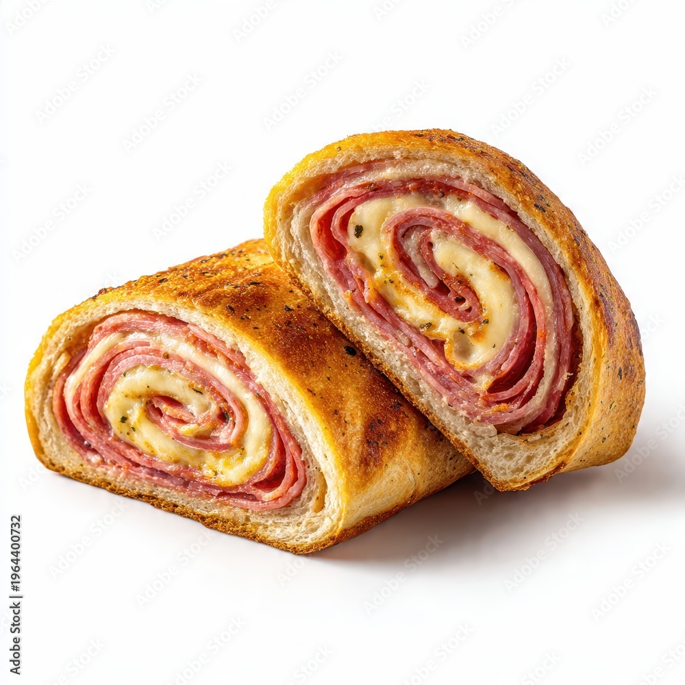 Fototapeta premium Mouthwatering Italian-American stromboli, freshly baked and sliced in half, revealing delicious spirals of pepperoni, salami, and melted mozzarella cheese on a white background.