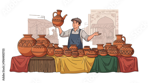 Pottery Artisan Display: A skilled artisan proudly showcases his handcrafted pottery pieces at a vibrant market stall, celebrating the beauty of traditional craftsmanship. 