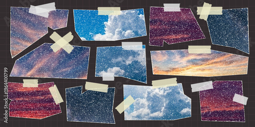 Vector torn paper with sky and clouds. Trendy paper cutout elements with stipple effect. Modern collage template.