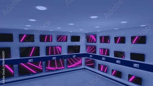 Animation of screensavers on screens in tech store