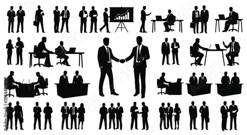 Silhouette Business People Collection: Meetings, Handshakes, Presentations, and Office Work Scenes