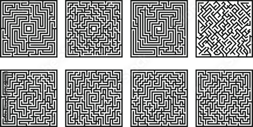 Eight Black Square Mazes With Different Complexity Levels On A White Background labyrinth puzzle
