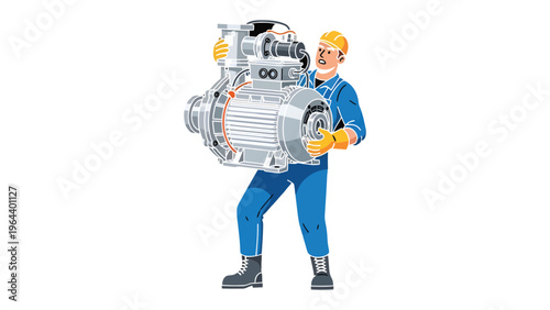 Mechanic's Might: A skilled mechanic, clad in work attire, confidently carries a heavy industrial motor, symbolizing expertise and the power of industry. 