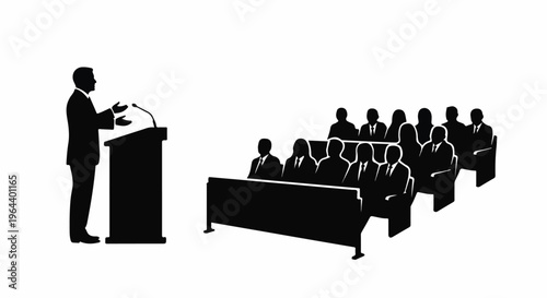 Silhouette vector of a speaker addressing an audience at a business conference or educational seminar. Great for public speaking, presentation, and communication themes.