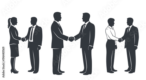 Business people shaking hands silhouettes. Vector icons of partnership, agreement, and deal. Professional collaboration, corporate greeting, and successful meeting concepts.