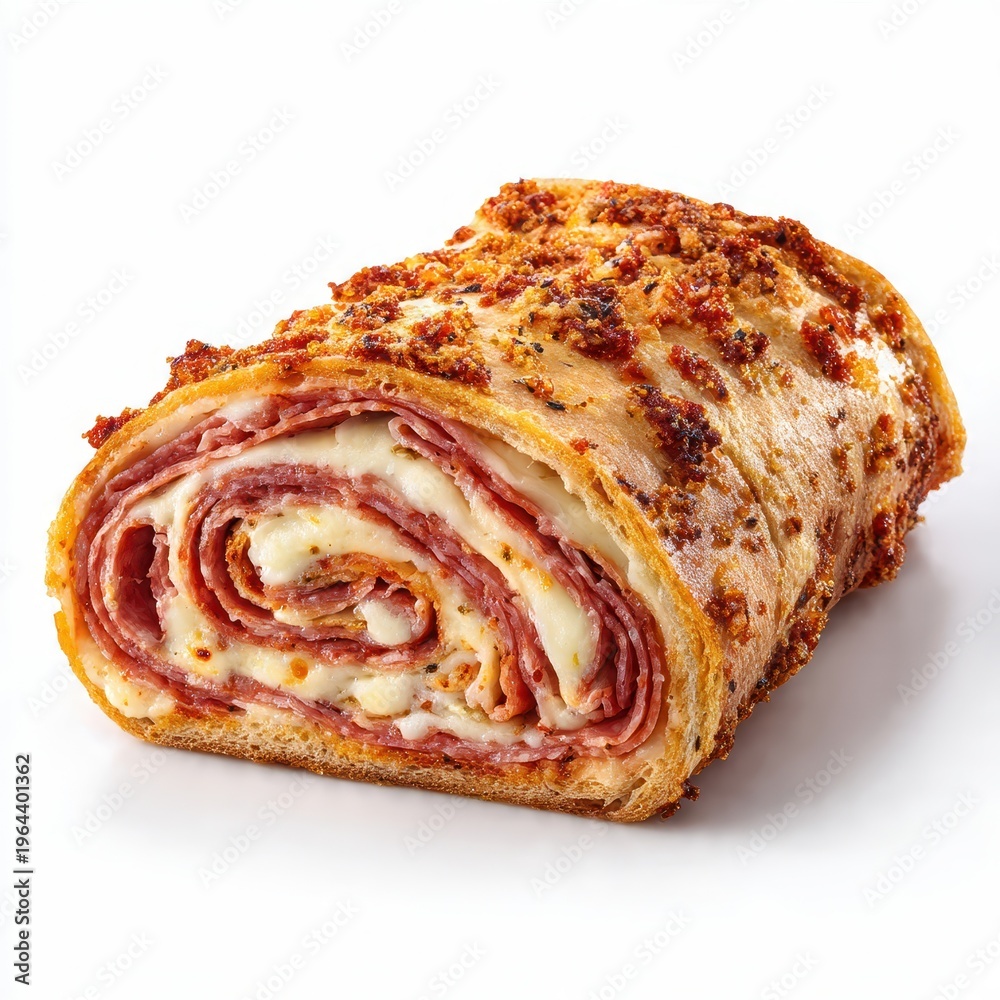 Fototapeta premium Delicious baked Stromboli, a classic Italian-American savory roll packed with generous layers of pepperoni, salami, and melted mozzarella cheese, served hot on a white background, studio shot.