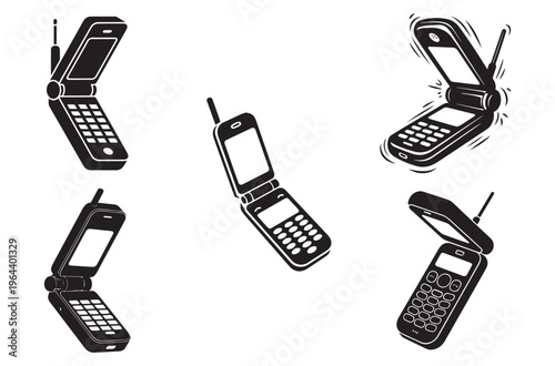 Set of black silhouettes of retro flip phones, vintage mobile devices, communication technology, nostalgia and telecommunication