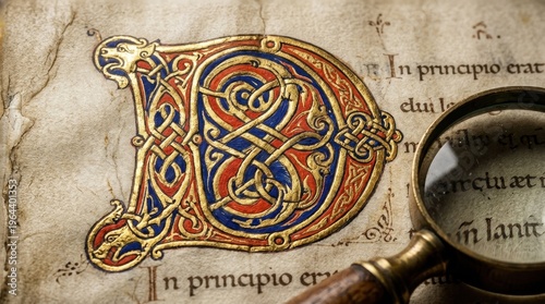 Medieval manuscript illumination detail under macro photography, a single decorated initial letter filled with interlaced knotwork in gold leaf, ultramarine and vermillion, the vellum surface showing