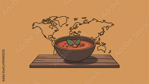Soup bowl on wooden plank world map