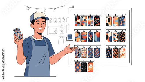 Artisan showcase of Phone Covers: A young artisan proudly presents a diverse array of vibrantly designed phone covers in a display, highlighting artistry and consumer choice. 