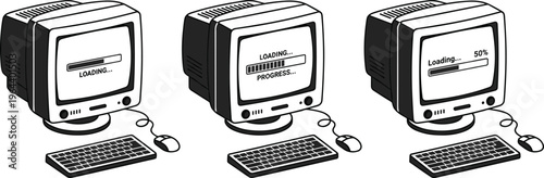 Black and white vector silhouette set of vintage retro desktop computers with CRT monitors displaying loading progress bars on screens isolated for digital technology