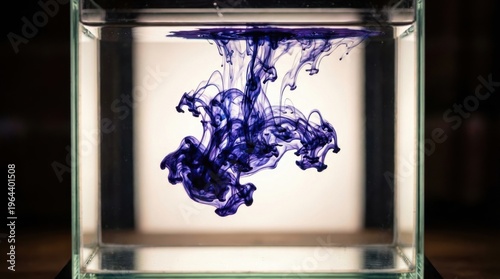 Ink drop dispersal in still water, single drop of indigo ink blooming into fractal cloud at 1/2000 shutter, tannin tendrils reaching outward before mixing, fluid dynamics of diffusion caught between