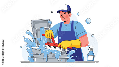 Cleaning Professional's Routine: An animated character meticulously cleans equipment with focused, ensuring hygiene and sanitation. 