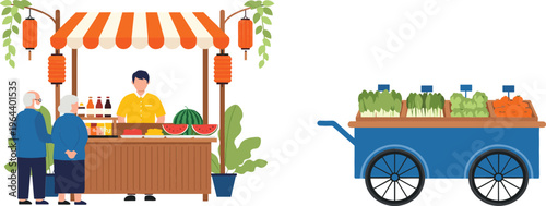 Street Food Stall and Vegetable Cart Set with Vendor Selling Fresh Produce Market Scene and Outdoor Shop Cartoon Vector Illustration Collection