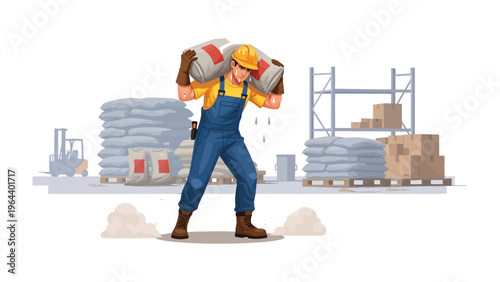 Construction Worker Carrying Cement Bags: A construction worker in a yellow shirt and blue overalls, burdened with the heavy weight of cement bags.