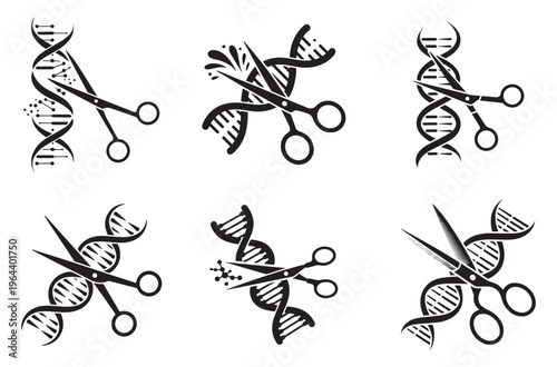 Set of six black silhouettes depicting scissors cutting or editing DNA strands, illustrating concepts of genetic engineering and modification.