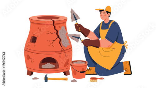 Craftsman's Restoration: A dedicated craftsman meticulously repairs a traditional ceramic structure, expertly using a trowel to mend cracks and imperfections with focused skill.