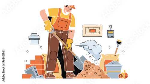 Construction Worker at Work: An industrious construction worker, clad in workwear and safety gear, meticulously shovels sand and cement on a construction site.