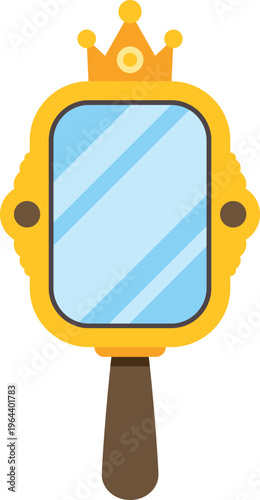 Gold hand mirror featuring a crown, symbolizing beauty, royalty, and fairy tales