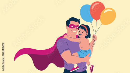 Superhero dad holding daughter, colorful balloons, fatherhood