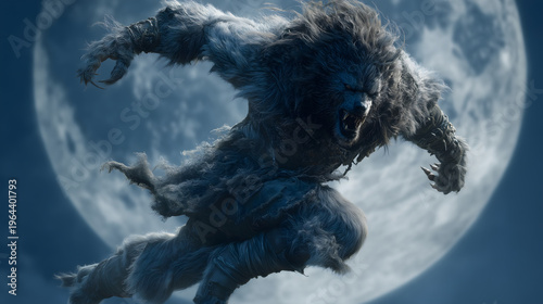 Kui Niu and Oriental Dancer Fusion, Dark Gray Background, Gray-Blue Animal Skin Armor, Single Leg Pose, Big Drum Suspended, Drum Sound Ripples