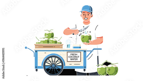 Tropical Refreshment Vendor: A vendor prepares fresh coconut water from his cart, offering a refreshing and healthy drink. capturing the essence of tropical street food. 