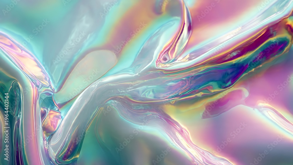 Obraz premium Abstract digital illustration of a vibrant iridescent fluid texture featuring sharp elegant folds and dynamic flowing waves. The highly reflective glossy surface displays a stunning